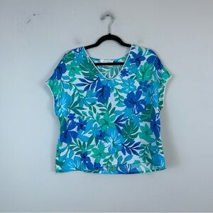 Emily Daniels | Blue Floral Linen Blend Short Sleeve Blouse Size Large